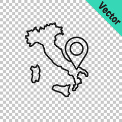 Black line Map of Italy icon isolated on transparent background. Vector