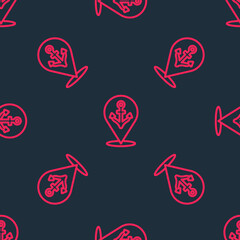 Red line Map pointer with anchor icon isolated seamless pattern on black background. Vector