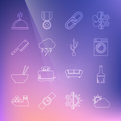 Set line Sun and cloud weather, Paint brush, Washer, Chain link, Storm, Meat chopper, Covered with tray of food and USB icon. Vector