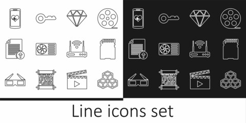Set line Isometric cube, SD card, Diamond, Air conditioner, Upload file, Smartphone with heart rate, Router and wi-fi and Key icon. Vector