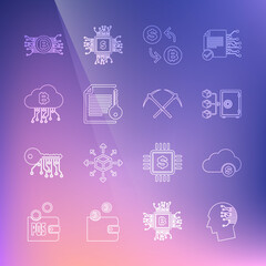 Set line Brain as digital circuit board, Cryptocurrency cloud mining, Proof of stake, exchange, Smart contract, bitcoin and Crossed pickaxe icon. Vector