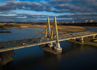 Obraz premium A top view of the Millennium Bridge in Kazan . Cable-stayed bridge across the river. Autumn day. 