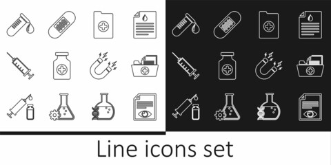 Set line Paper page with eye, Health record folder, Clinical, Medicine bottle, Syringe, Test tube drop of blood, Magnet lightning and Bandage plaster icon. Vector