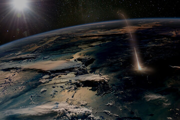 Missile launch at the mornong, aerial view from space. Elements of this image furnished by NASA.