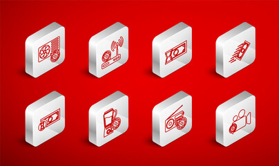 Set line Video camera setting, Router and wi-fi, Fast payments, Radio, Air conditioner, Blender with bowl and icon. Vector