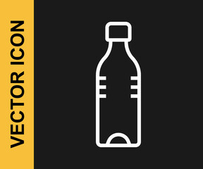 White line Bottle of water icon isolated on black background. Soda aqua drink sign. Vector
