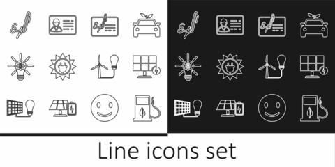 Set line Bio fuel with fueling nozzle, Solar energy panel, Signed document, Light bulb gear, Signature, wind turbine and Identification badge icon. Vector