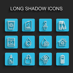 Set line Tag with leaf, Shopping bag, Recycle bin recycle, Acid rain and radioactive cloud, Battery charge level indicator, clean aqua, Eco House recycling and icon. Vector
