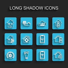 Set line Thermostat, Light bulb and graduation cap, House, Mobile with wi-fi wireless, Smart home settings, remote control system and heart rate icon. Vector