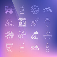 Set line Bottle of water, Nachos in plate, Ice cream, Donut, Pizzeria building facade, Fast street food cart and Pizza knife icon. Vector