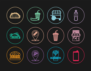 Set line Aluminum can, Pizzeria building facade, Fast street food cart, Location with hotdog, Taco tortilla, Glass water and Soda and icon. Vector