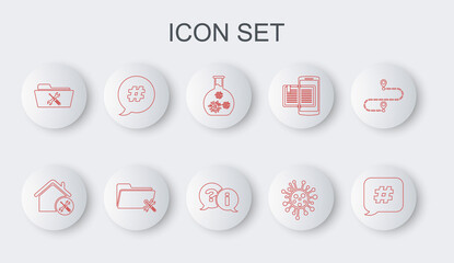 Set line Hashtag speech bubble, House service, Test tube with virus, Bacteria, Folder, and Question and Exclamation icon. Vector