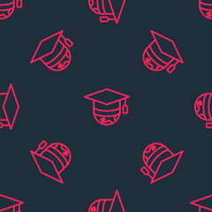 Red line Graduation cap on globe icon isolated seamless pattern on black background. World education symbol. Online learning or e-learning concept. Vector