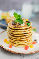 baked food pancakes lush bunch lots with banana chocolate and candied fruit