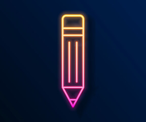 Glowing neon line Pencil with eraser icon isolated on black background. Drawing and educational tools. School office symbol. Vector