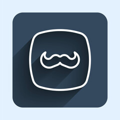 White line Mustache icon isolated with long shadow background. Barbershop symbol. Facial hair style. Blue square button. Vector