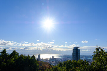 神戸山手の布引ハーブ園から神戸市街地の眺め。三宮のビル群とポートアイランド、大阪湾を臨む。