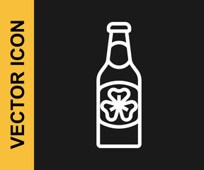 White line Beer bottle with clover trefoil leaf icon isolated on black background. Happy Saint Patricks day. National Irish holiday. Vector
