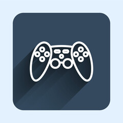 White line Gamepad icon isolated with long shadow background. Game controller. Blue square button. Vector