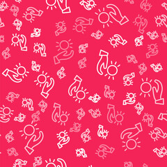 White line Ball levitating above hand icon isolated seamless pattern on red background. Levitation symbol. Vector