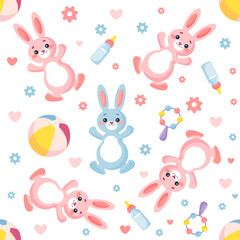 Seamless children's vector pattern with rabbits