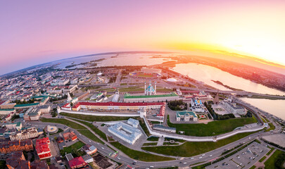 Aerial top view sunset cityscape of Kazan Kremlin Kul Sharif mosque of Tatarstan Russia