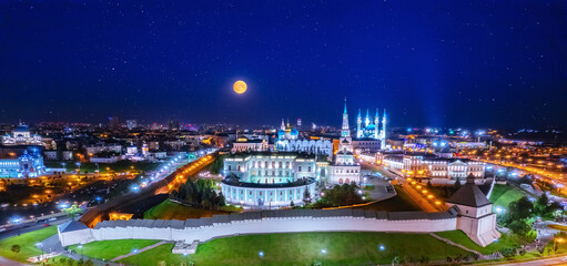 Fototapeta na wymiar Aerial top view sunset panorama cityscape of Kazan Kremlin Kul Sharif mosque of Tatarstan Russia