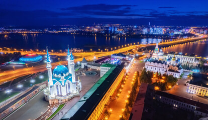 Fototapeta na wymiar Panoramic aerial top view of Kazan Kremlin Kul Sharif mosque islam republic sunset, Tatarstan Russia