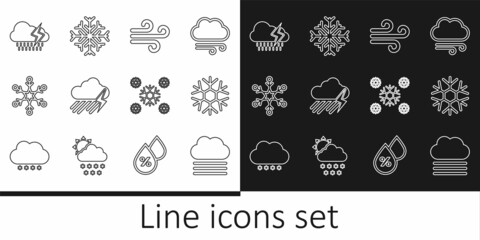 Set line Fog and cloud, Snowflake, Wind, Cloud with rain lightning, and icon. Vector