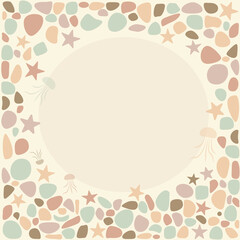a frame on a marine theme with colored pebbles and jellyfish, starfish with oval space for text