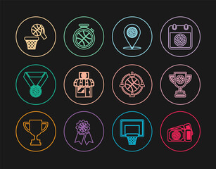Set line Basketball game ticket, Award cup with basketball, Location, Sports shop and, medal, Planning strategy and Stopwatch icon. Vector