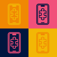 Pop art line Smartphone and playing in game icon isolated on color background. Mobile gaming concept. Vector