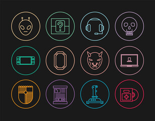 Set line CD or DVD disk in box, Laptop, Headphones, Poker table, Portable video game console, Alien, Mask of the devil with horns and Mystery random icon. Vector