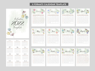 Two Formats Yearly Calendar Template Design For 2022 Concept.