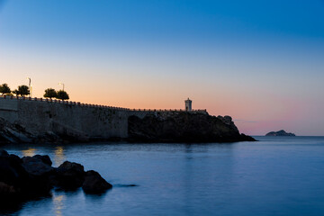 Beautiful view of Piazza Bovio at sunrise, Piombino, Tuscany, Italy