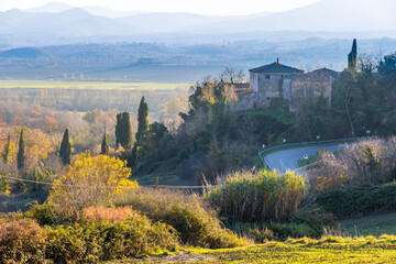 Beautiful view of country hills in fall near Frosini, Siena province, Italy