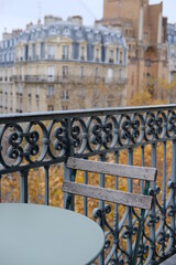 A close-up on a table and a church on a Parisian balcony.