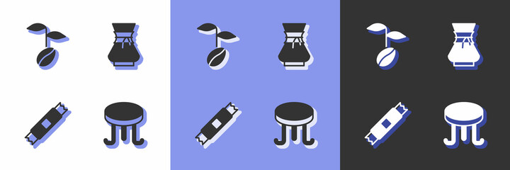 Set Coffee table, beans, Sugar stick packets and Pour over coffee maker icon. Vector