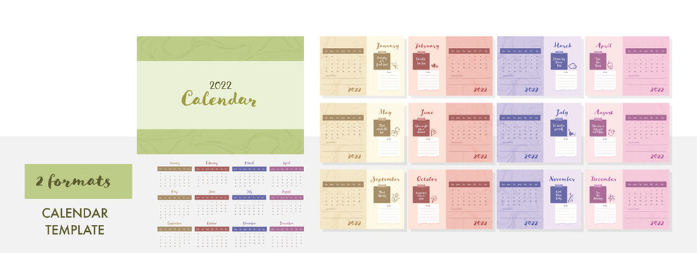 Multicolor Complete Set Of 12 Month, 2022 Yearly Calendar Template In Two Formats.