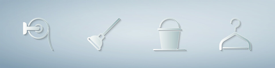 Set Toilet paper roll, Rubber plunger, Bucket and Hanger wardrobe. Paper art style. Vector