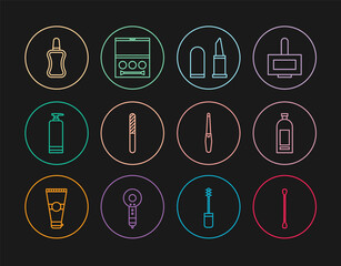 Set line Cotton swab for ears, Bottle of shampoo, Lipstick, Nail file, Cream cosmetic tube, polish bottle, and Eye shadow palette icon. Vector