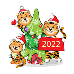 The symbol of the year 2022. Vector illustration of cartoon tigers. New year card