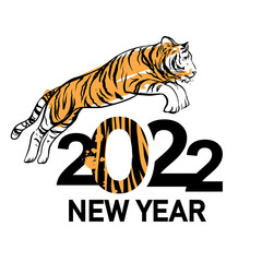 Vector New Year card with tiger jumping over numbers 2022. Symbol of the year isolated