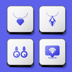 Set Necklace with heart shaped, Pendant on necklace, Earrings and Diamond icon. White square button. Vector