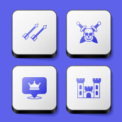 Set Medieval arrows, Skull with sword, King crown and Castle icon. White square button. Vector