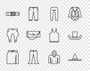 Set line Skirt, Gardener worker hat, Pants, Leather belt, Clutch bag, Hoodie and Man icon. Vector