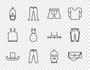 Set line Man hat, Clutch bag, Men underpants, Pants, Police cap with cockade, Woman dress, Balaclava and icon. Vector