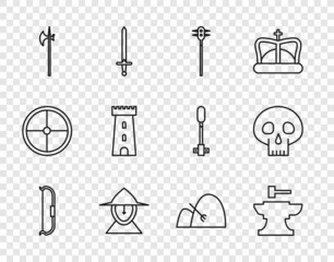 Set line Medieval bow, Anvil for blacksmithing hammer, chained mace ball, iron helmet, halberd, Castle tower, Bale of hay and rake and Skull icon. Vector