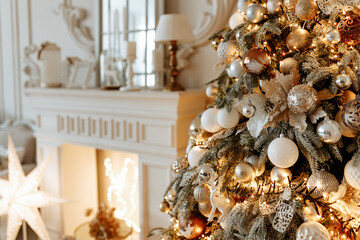 Beautiful Christmas tree in a decorated bright living room. Festive New Year's interior.
Close-up.