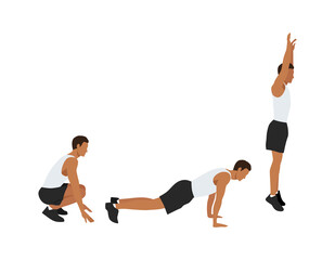 Exercise guide with man doing the Squat Thrust Burpee position in 3 step. Illustration about workout diagram.